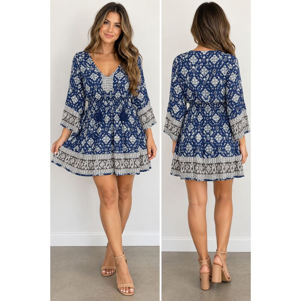 Forever 21 Womens Small Blue White Boho Floral Paisley Bell Sleeve Mini Dress